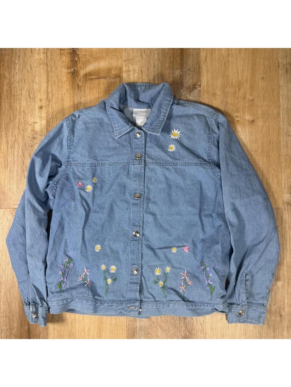 90s Blue Denim Embroidered Floral Shirt Size L